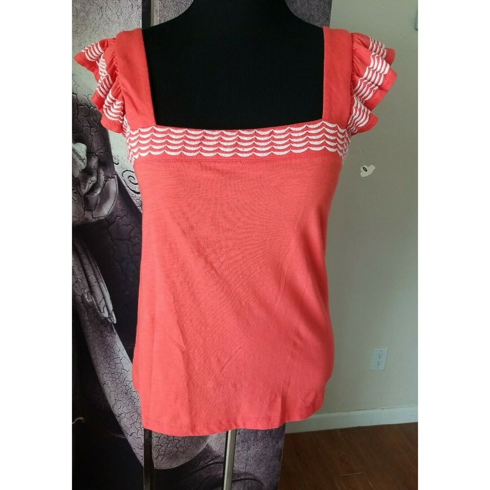 ST JOHN'S BAY Women's Sleeveless Square Neck Embroidered Ruffle Summer Top sz M